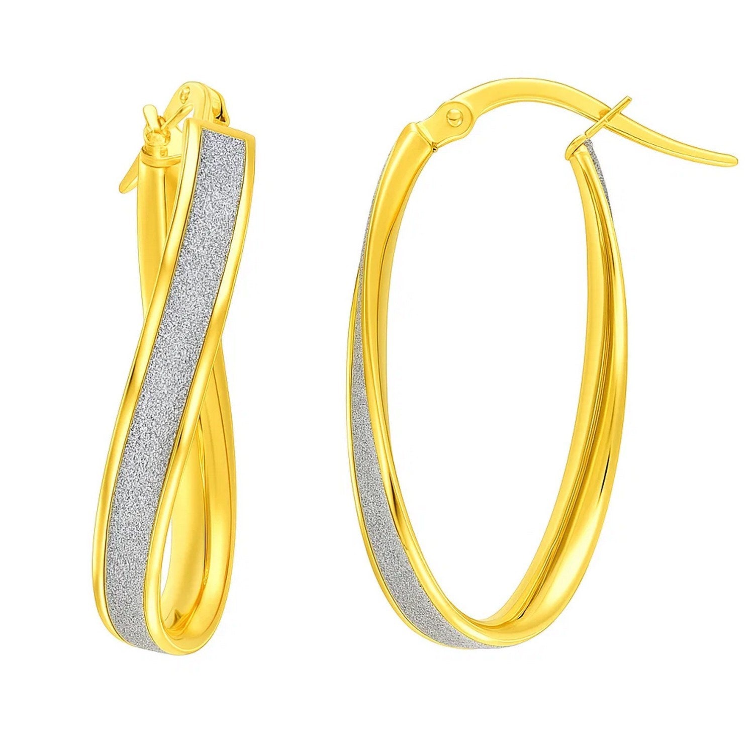 14k Two-Tone Gold Oval Hoop Twist Glittery Earrings in a sleek high-contrast midnight luxury editorial style